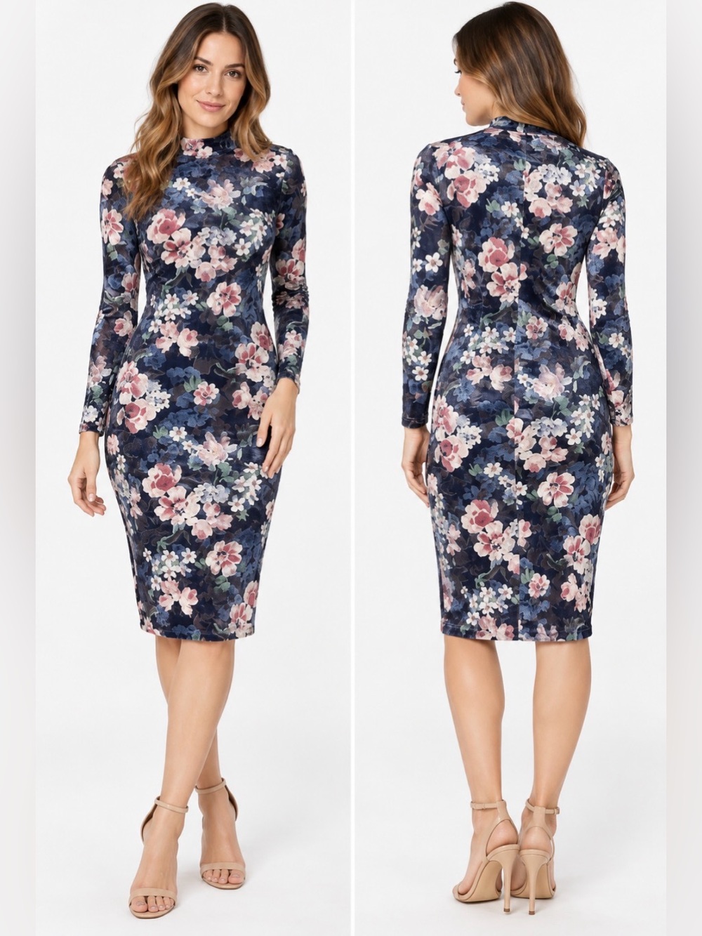 Rachel Roy Blue Floral Velvet Over The Knee long Sleeve Dress